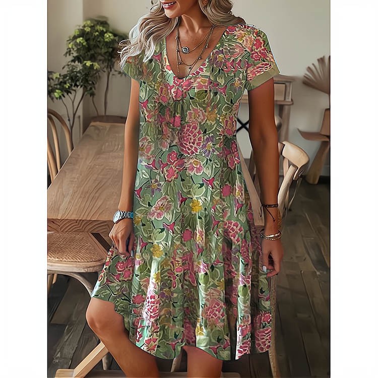 Vestido de manga corta con escote en pico y estampado holgado - EspaƱa