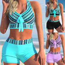 Load image into Gallery viewer, Traje de baño estampado de bikini con falda boxer dividida de talla grande explosiva para mujer - España