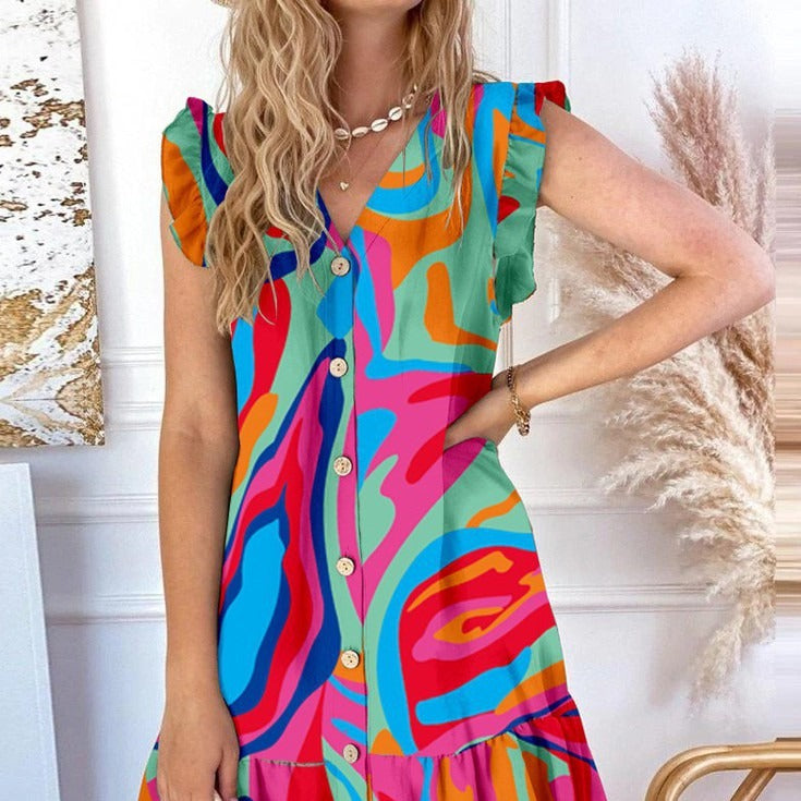 EnvĆo gratisš„Vestido suelto estampado con cuello de pico y botones - EspaƱa