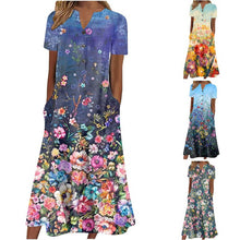 Load image into Gallery viewer, 【S-3XL】Cuello en V Botón Manga Corta Suelta Dobladillo Vestido Impreso