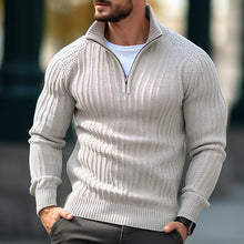 Cargar imagen en el visor de la galería, Men's Solid Cable Casual Zip Stand Collar Sweater