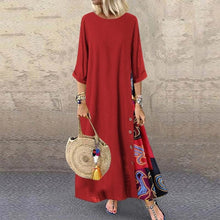 Cargar imagen en el visor de la galería, Colarinho redondo floral de outono com botões de bloqueio de cor e vestido de mangas patchwork. Solto e confortável, com cores de retalhos para um ar de elegância e generosidade. Disponível em 12 cores à escolha.
