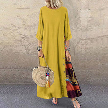 Cargar imagen en el visor de la galería, Colarinho redondo floral de outono com botões de bloqueio de cor e vestido de mangas patchwork. Solto e confortável, com cores de retalhos para um ar de elegância e generosidade. Disponível em 12 cores à escolha.