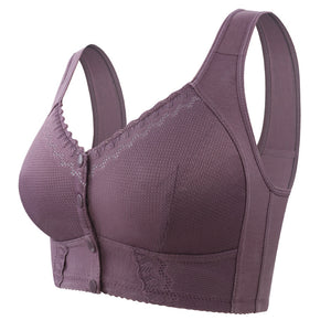 Front-Clasp Soft Cotton Lace Wire-Free Plus Size Bra for Middle-Aged and Elderly