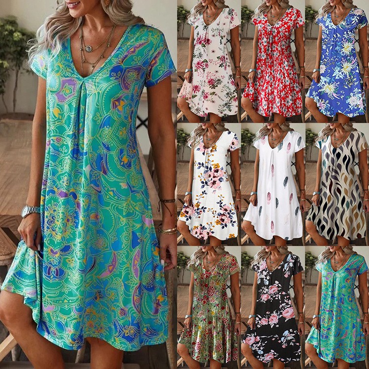 Vestido de manga corta con escote en pico y estampado holgado - España