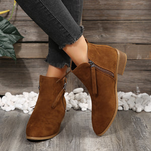 Women's Fashionable Low-heel Pointed-toe Boots In Brown Color With Double Zipper Design