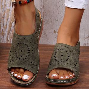Ethnic Pattern Punched Hollow Velcro Vintage Sandals