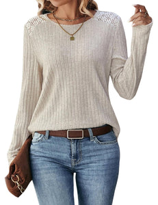 Women's Lace Long Sleeve Shirts Lightweight Fall Casual Crewneck Pullover T Shirt Tops