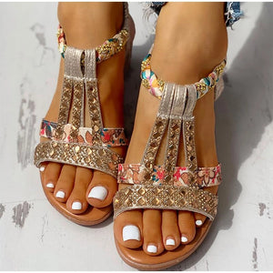 Women's Casual Rhinestone Wedge Round Toe Sandals