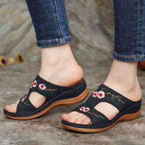 Hollow Flower Embroidered Wedge Ladies Slippers