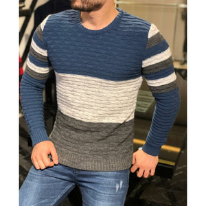 Men's Color Block Striped Warm Crew Neck Sweater