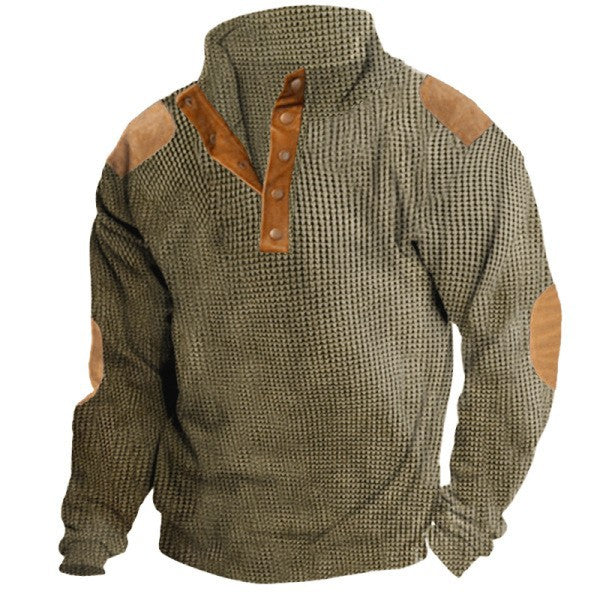 Men Corduroy Pullover Long Sleeve Retro Patchwork Top 1/4 Snap Waffle Sweatshirt Large Size Loose Casual Jogging Sportswear