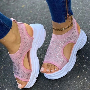 Summer Thick Sole Rhinestone Flying Woven Casual Ladies Sandals