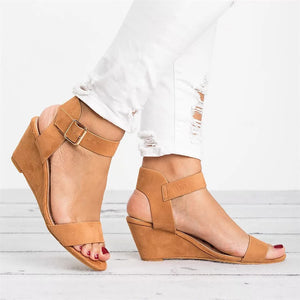 Women's Solid Color Round Toe Buckle Wedge Sandals
