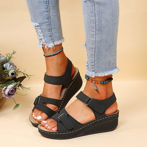 Women's round toe platform Velcro sandals-UK