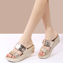 Load image into Gallery viewer, Ladies Sequined Rhinestone Wedge Slippers
