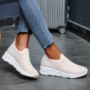 Women's Breathable Knit Rhinestone Flat Sneakers