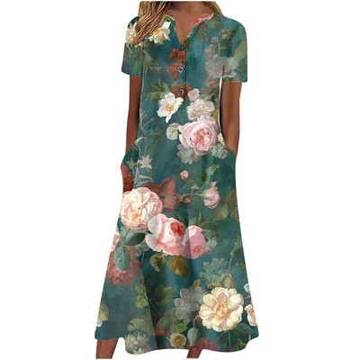 【S-3XL】Cuello en V Botón Manga Corta Suelta Dobladillo Vestido Impreso